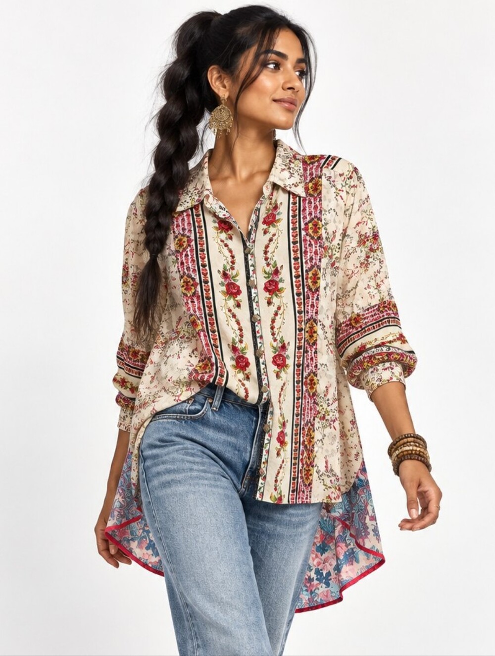 CYRENA Floral Patchwork Boho Button Front Tunic Blouse